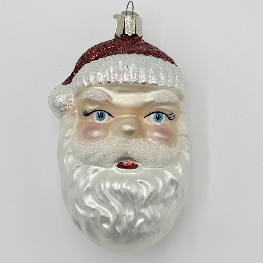 Old World Christmas Santa Face Blown Glass Ornament Red Glitter OWC 4.5" VTG